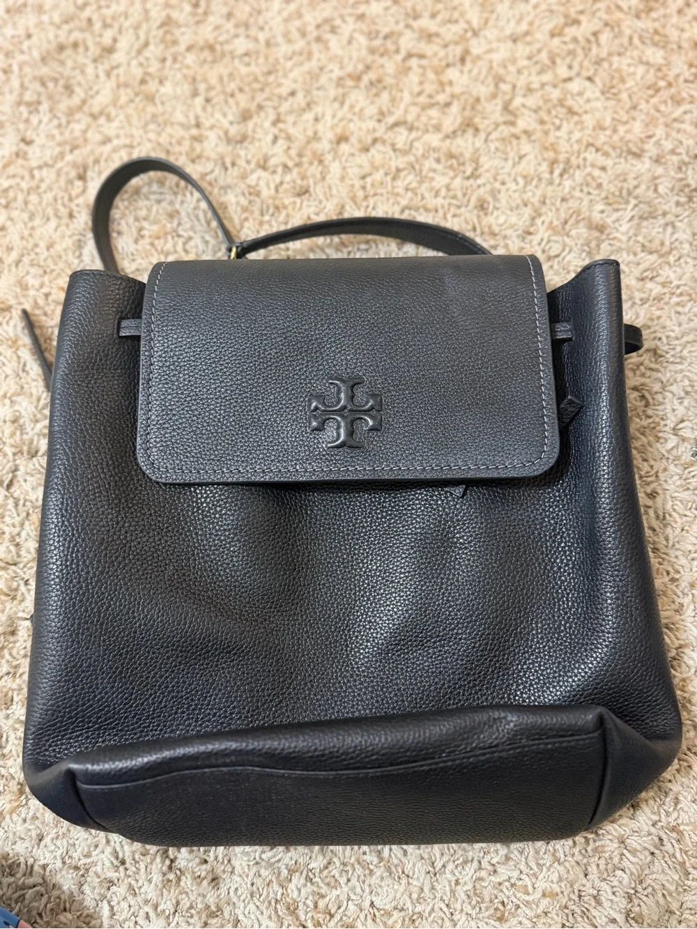 Tory Burch Black Pebbled Leather Backpack with Logo Flap